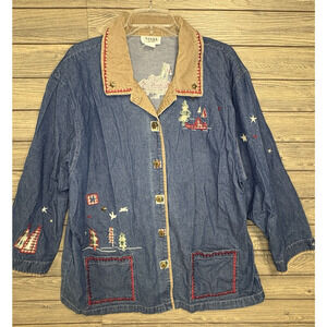 Teddi Vtg Shacket Jacket 2X Women Blue Denim Button Collar Camping Embroidered